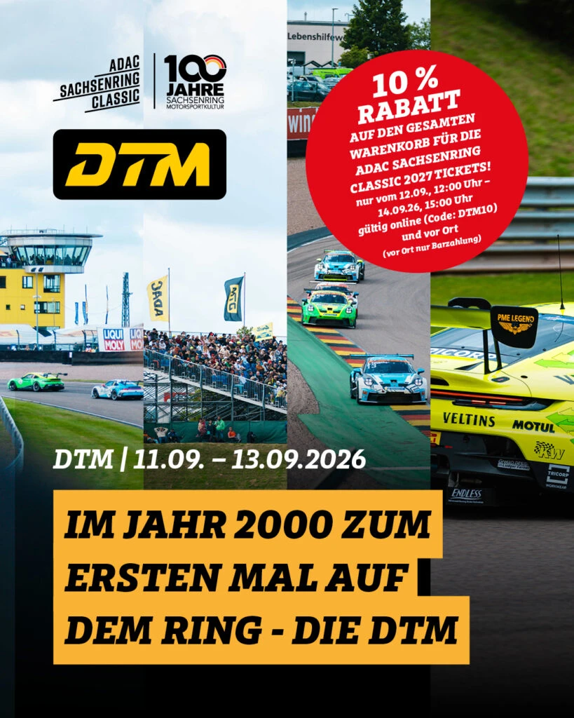 DTM am Sachsenring 2026 – Rabattaktion für Tickets der ADAC Sachsenring Classic 2027 mit 10 % Gutscheincode DTM10.