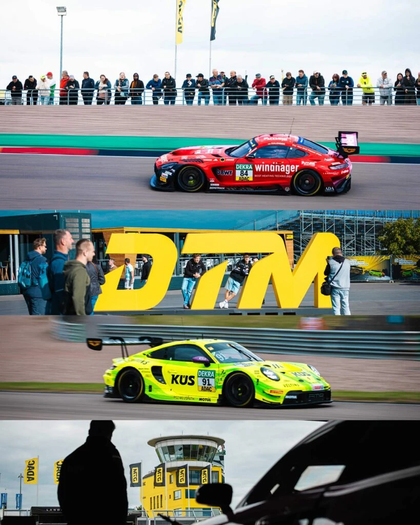 DTM Rennwagen in Aktion auf dem Sachsenring, Motorsport-Fans und DTM-Logo auf dem Veranstaltungsgelände.