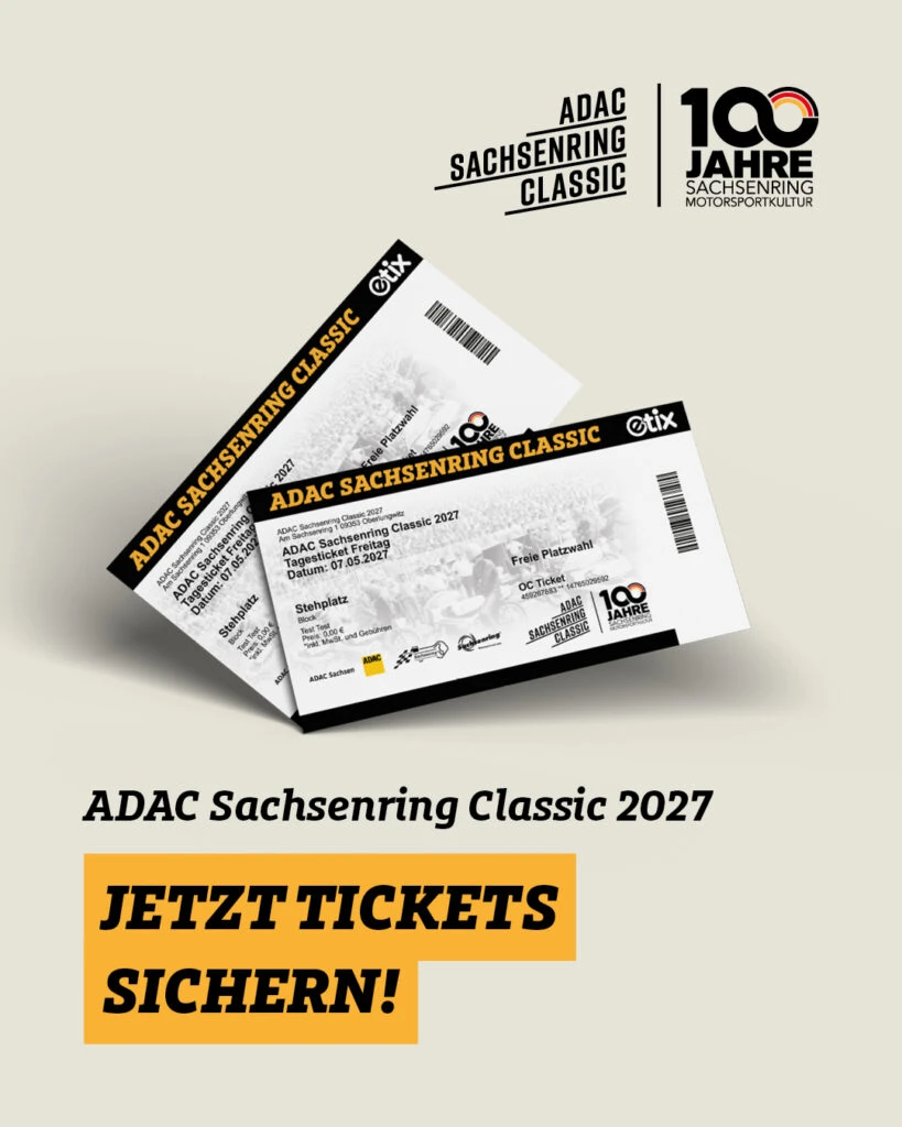 Zwei Tagestickets für die ADAC Sachsenring Classic 2027 mit dem Aufruf „Jetzt Tickets sichern!“.